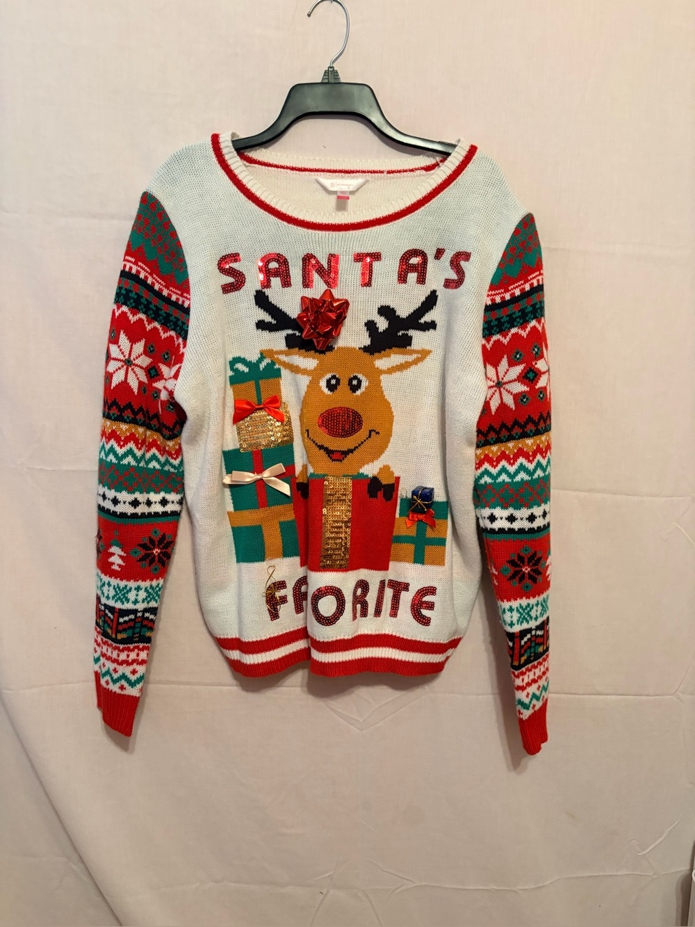 No Boundaries Women's Holiday Reindeer Crewneck Sweater - Red/White/Green/Gold